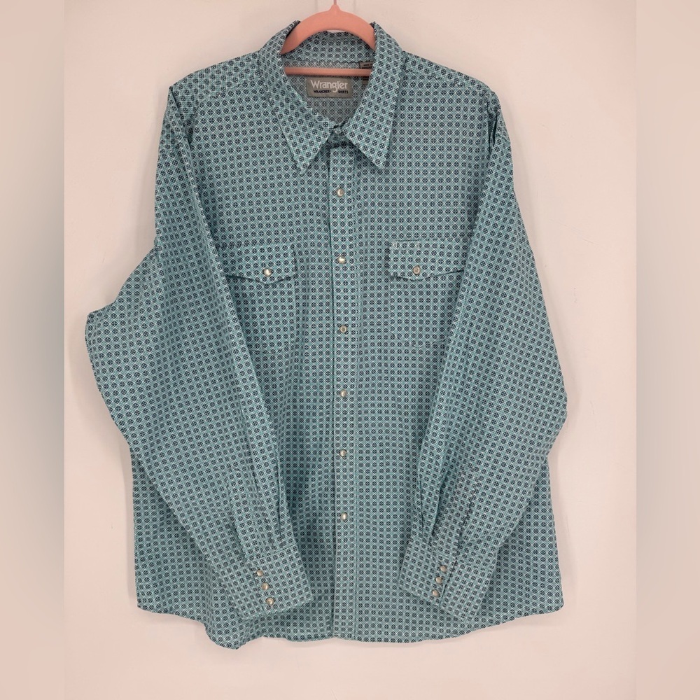 Wrangler Men's Teal and White Patterned Pearl Snap Shirt Size XXL